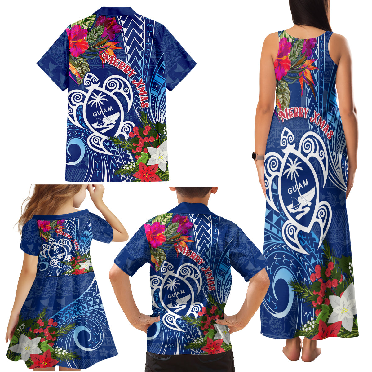 Guam Christmas Family Matching Tank Maxi Dress and Hawaiian Shirt Turtle Mix Tapa Felis Pasgua - Wonder Print Shop