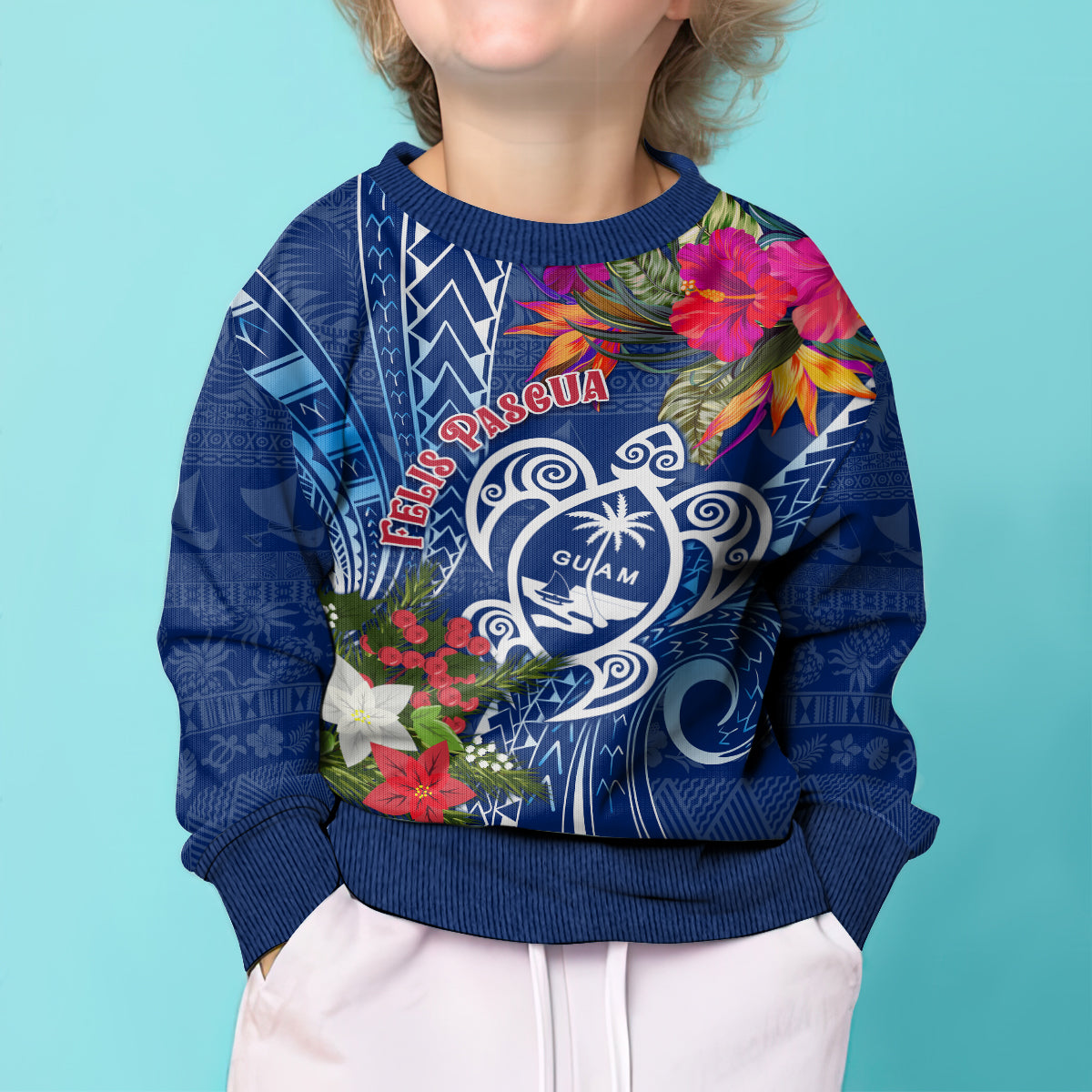 Guam Christmas Kid Ugly Christmas Sweater Turtle Mix Tapa Felis Pasgua - Wonder Print Shop