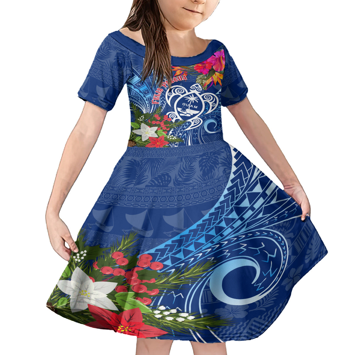 Guam Christmas Kid Short Sleeve Dress Turtle Mix Tapa Felis Pasgua - Wonder Print Shop