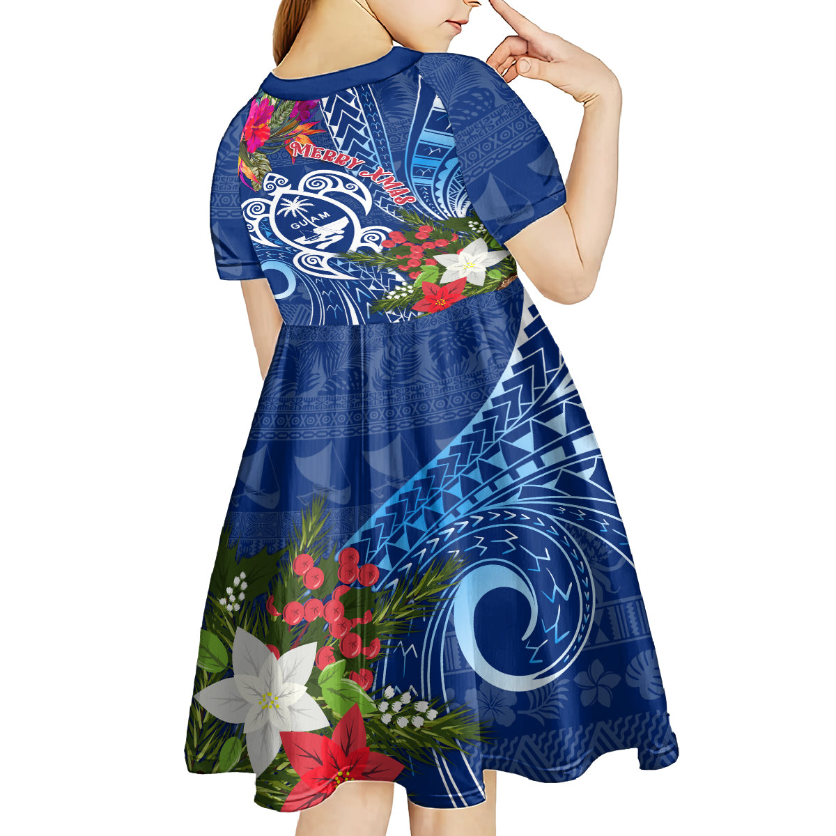 Guam Christmas Kid Short Sleeve Dress Turtle Mix Tapa Felis Pasgua - Wonder Print Shop