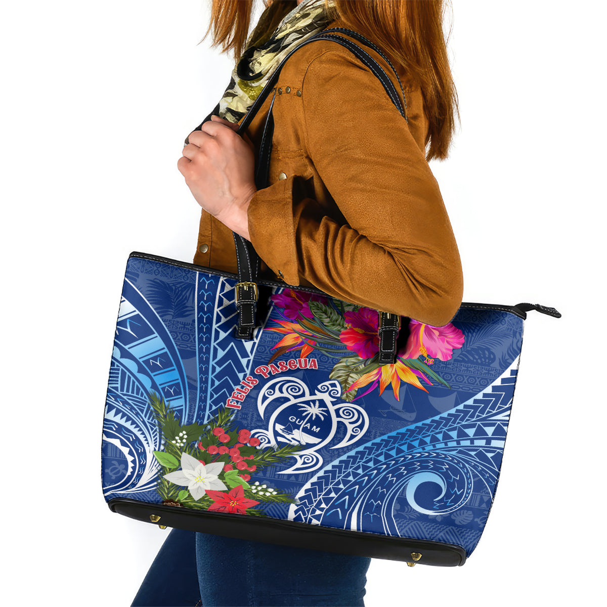 Guam Christmas Leather Tote Bag Turtle Mix Tapa Felis Pasgua - Wonder Print Shop