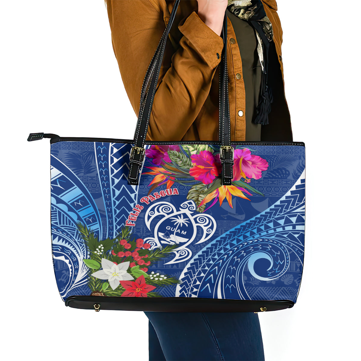 Guam Christmas Leather Tote Bag Turtle Mix Tapa Felis Pasgua - Wonder Print Shop