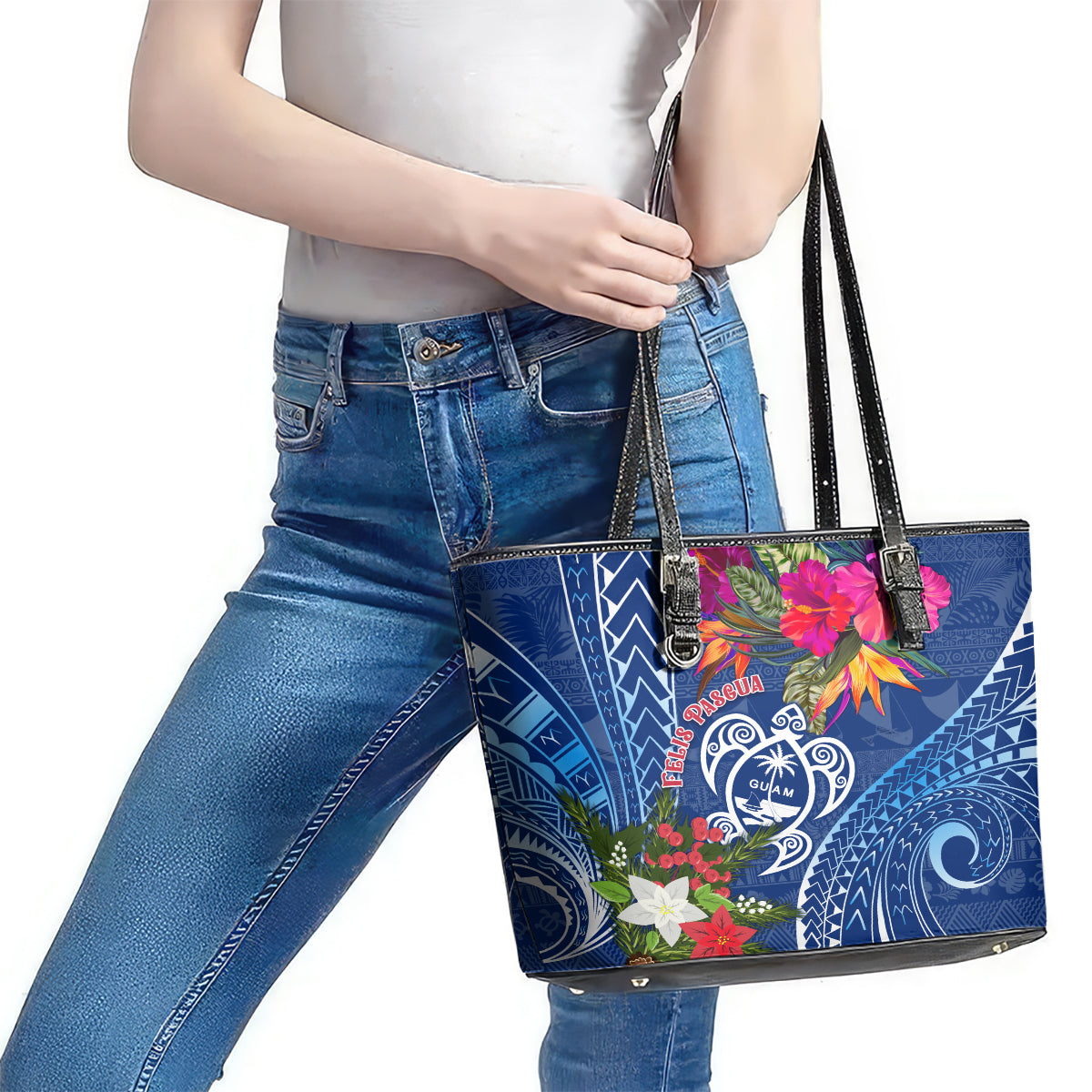 Guam Christmas Leather Tote Bag Turtle Mix Tapa Felis Pasgua - Wonder Print Shop