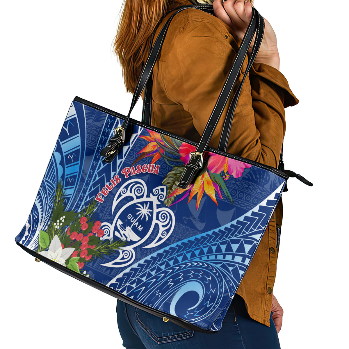 Guam Christmas Leather Tote Bag Turtle Mix Tapa Felis Pasgua - Wonder Print Shop