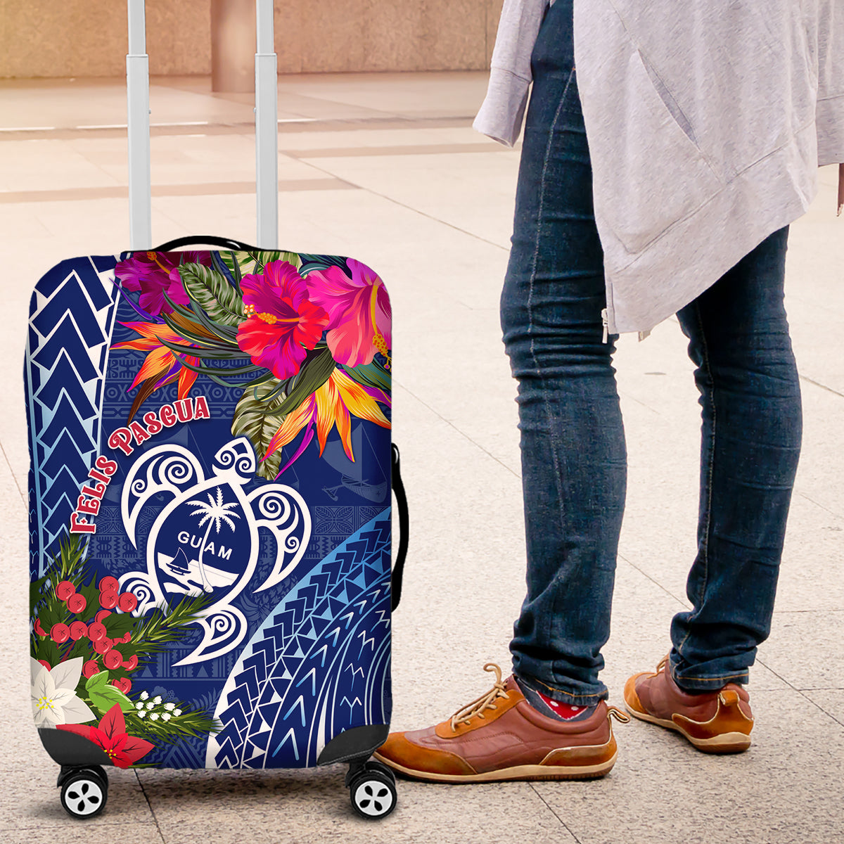 Guam Christmas Luggage Cover Turtle Mix Tapa Felis Pasgua - Wonder Print Shop