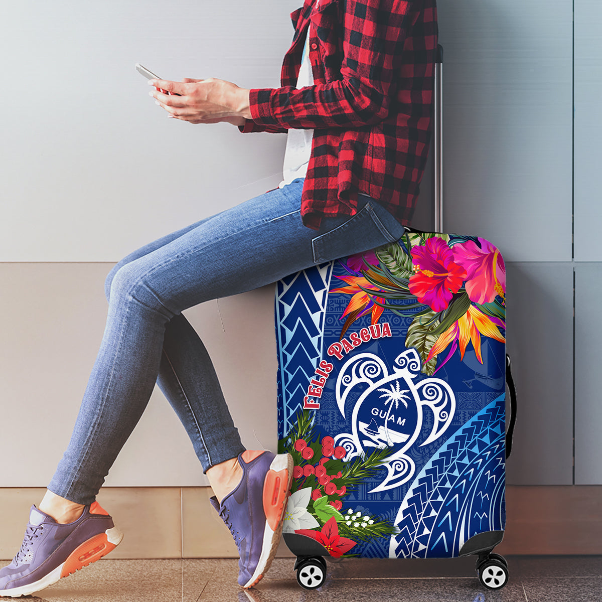 Guam Christmas Luggage Cover Turtle Mix Tapa Felis Pasgua - Wonder Print Shop