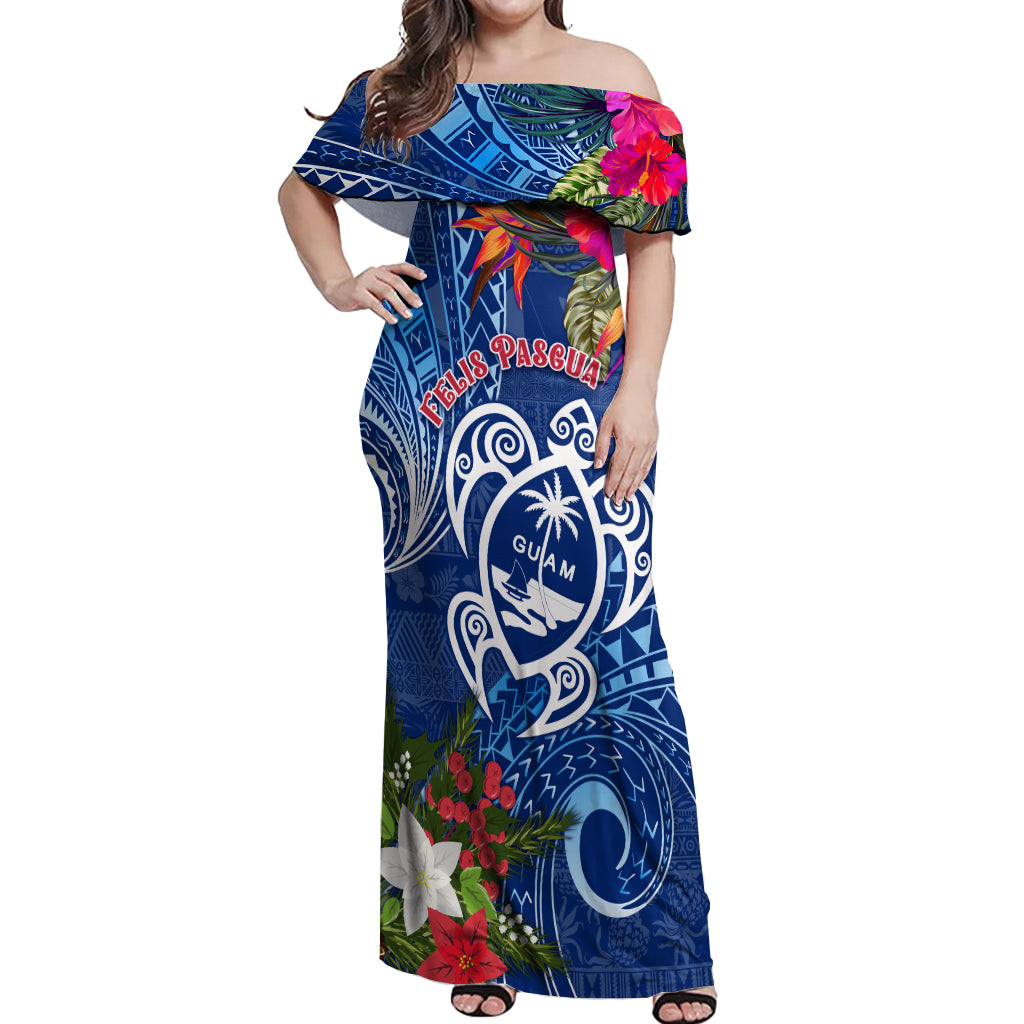 Guam Christmas Off Shoulder Maxi Dress Turtle Mix Tapa Felis Pasgua - Wonder Print Shop