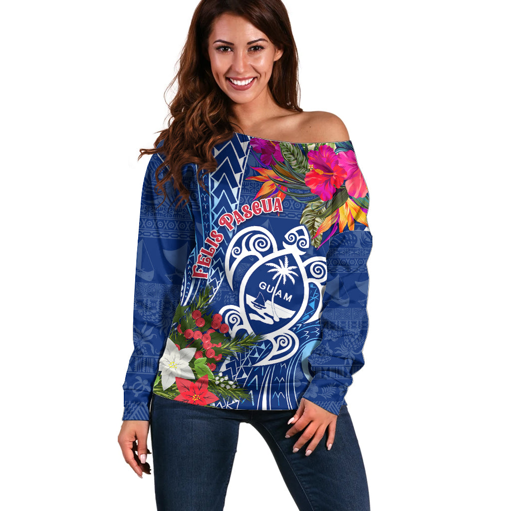 Guam Christmas Off Shoulder Sweater Turtle Mix Tapa Felis Pasgua - Wonder Print Shop