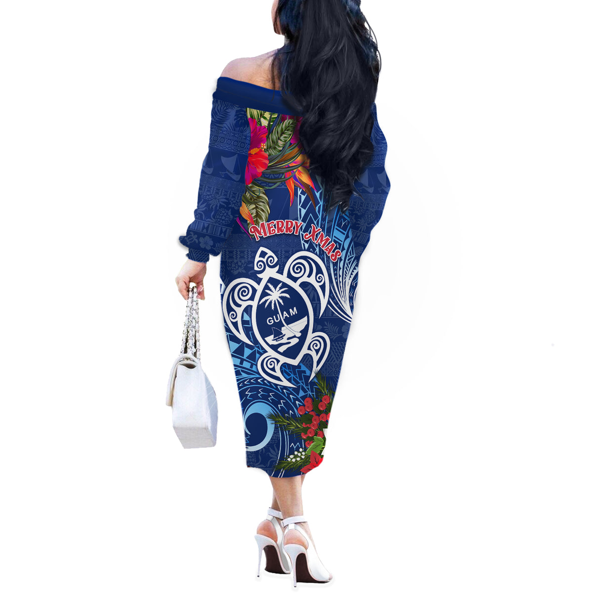 Guam Christmas Off The Shoulder Long Sleeve Dress Turtle Mix Tapa Felis Pasgua - Wonder Print Shop