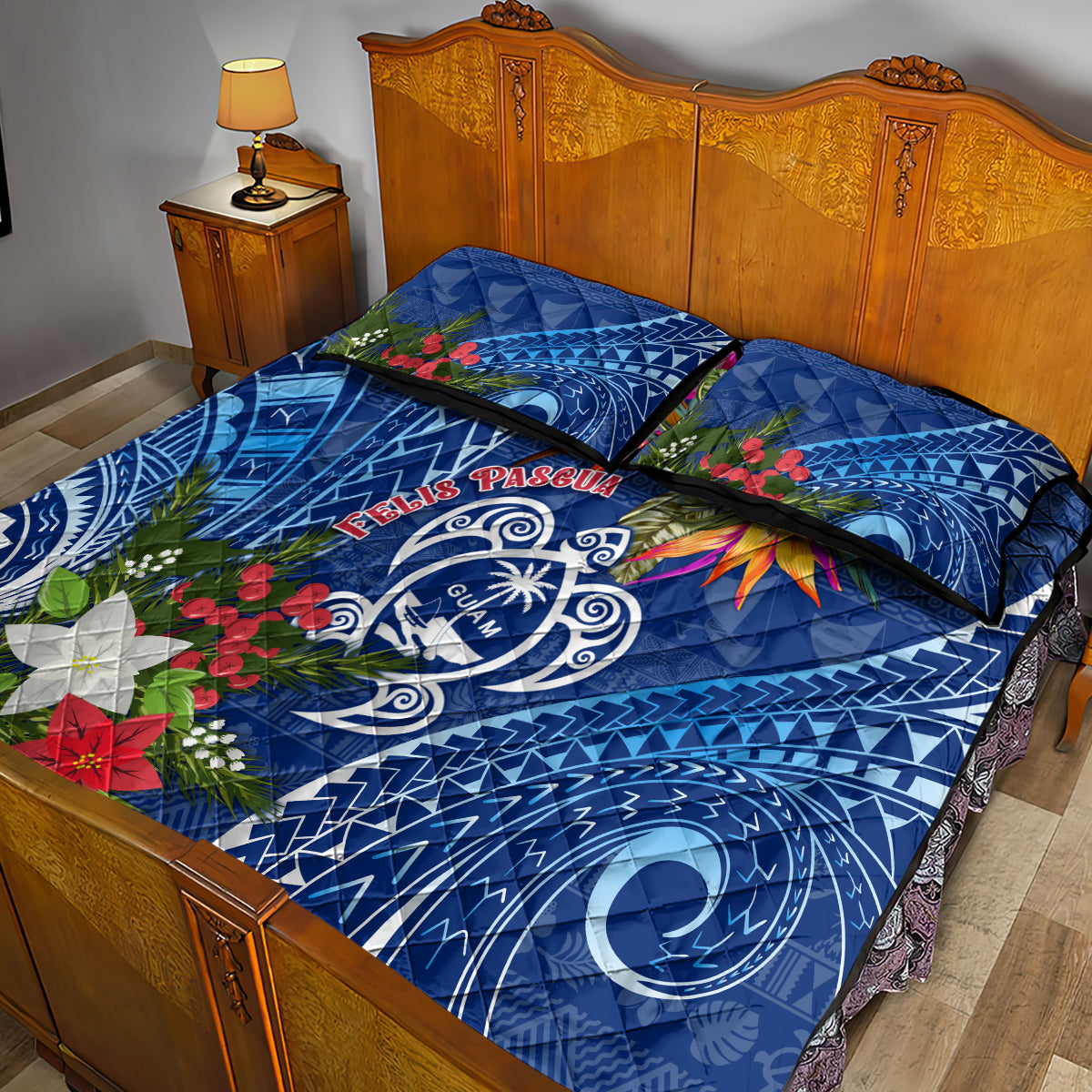Guam Christmas Quilt Bed Set Turtle Mix Tapa Felis Pasgua - Wonder Print Shop