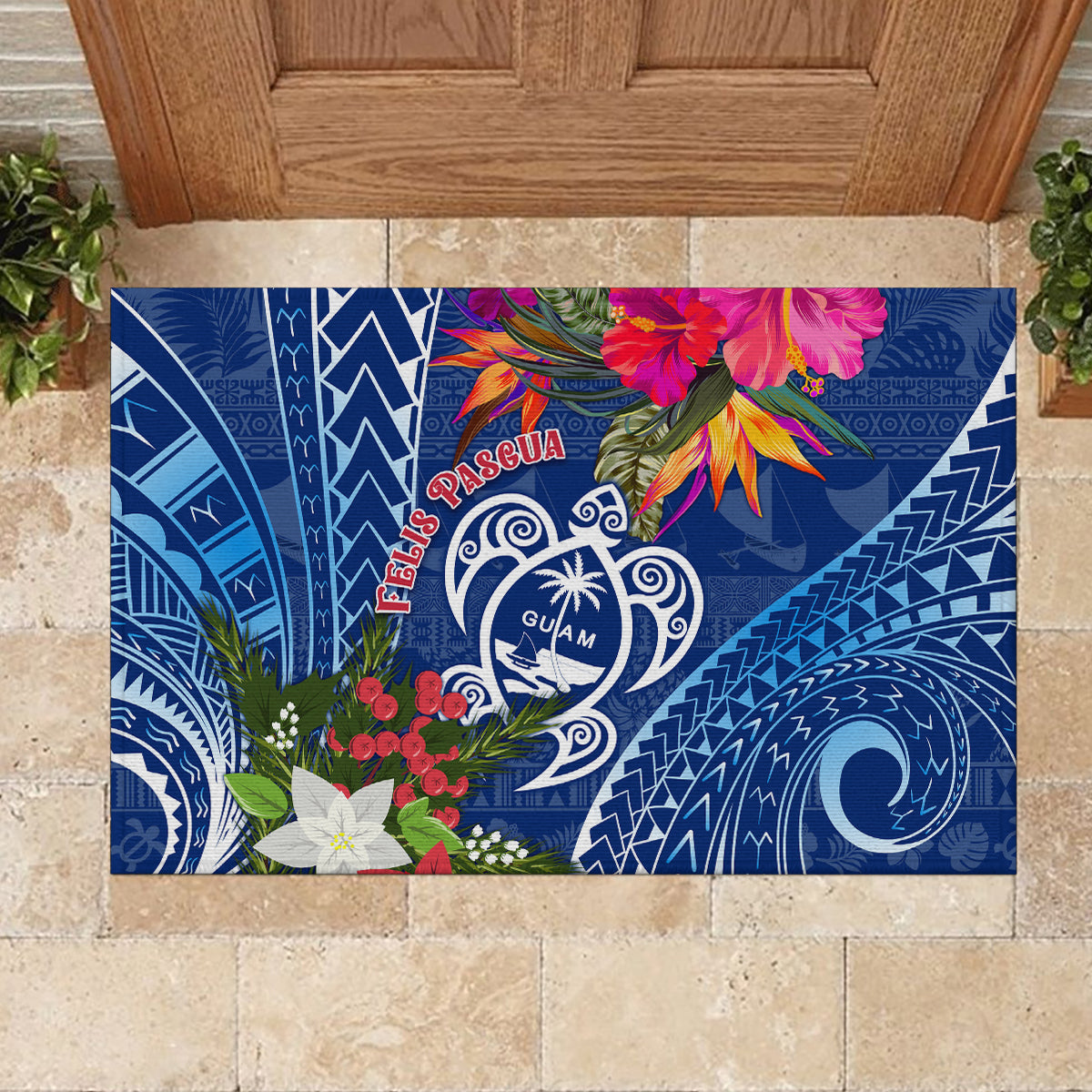 Guam Christmas Rubber Doormat Turtle Mix Tapa Felis Pasgua - Wonder Print Shop