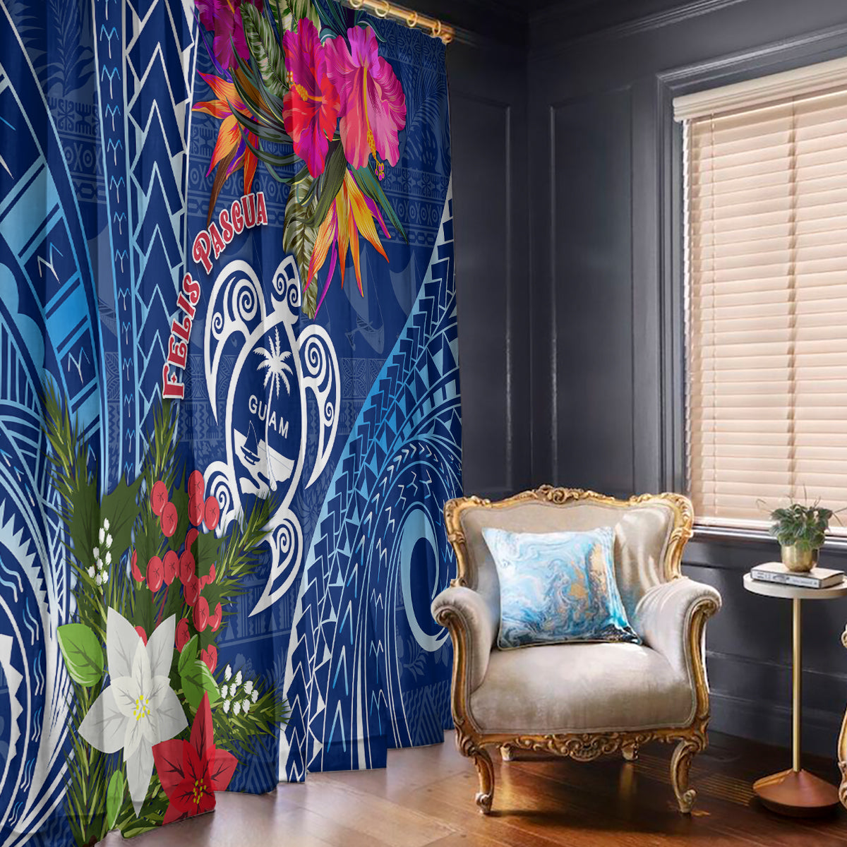 Guam Christmas Window Curtain Turtle Mix Tapa Felis Pasgua - Wonder Print Shop