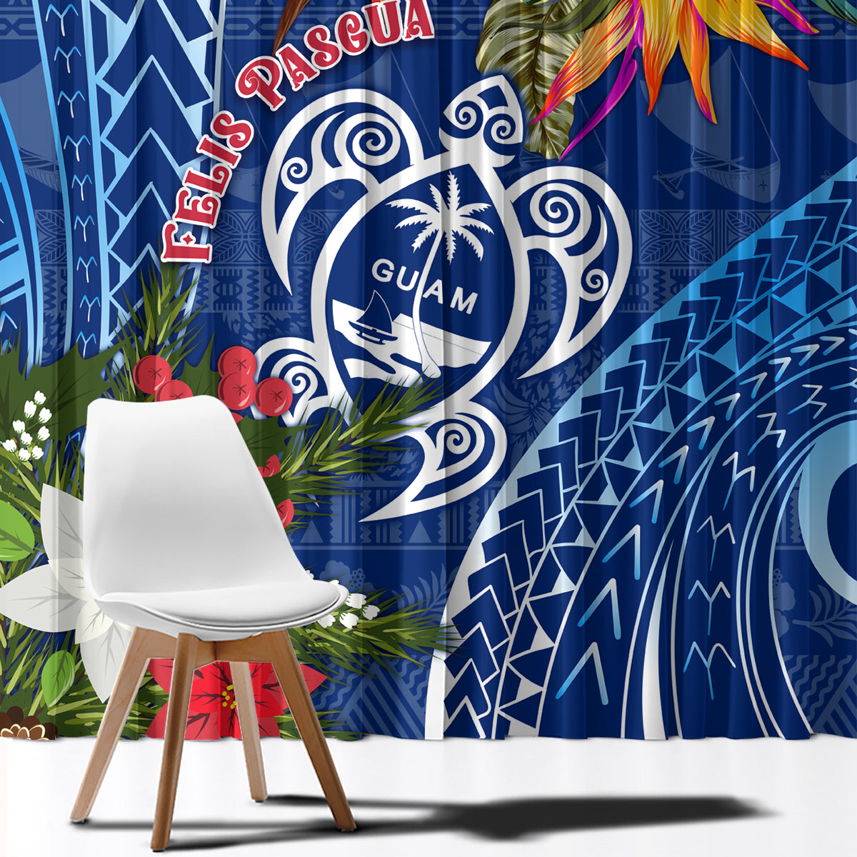 Guam Christmas Window Curtain Turtle Mix Tapa Felis Pasgua - Wonder Print Shop