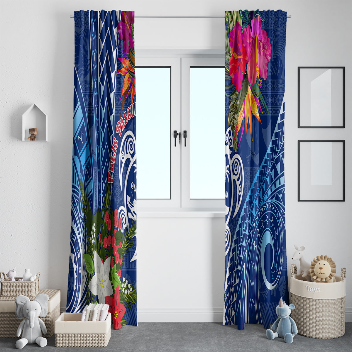 Guam Christmas Window Curtain Turtle Mix Tapa Felis Pasgua - Wonder Print Shop