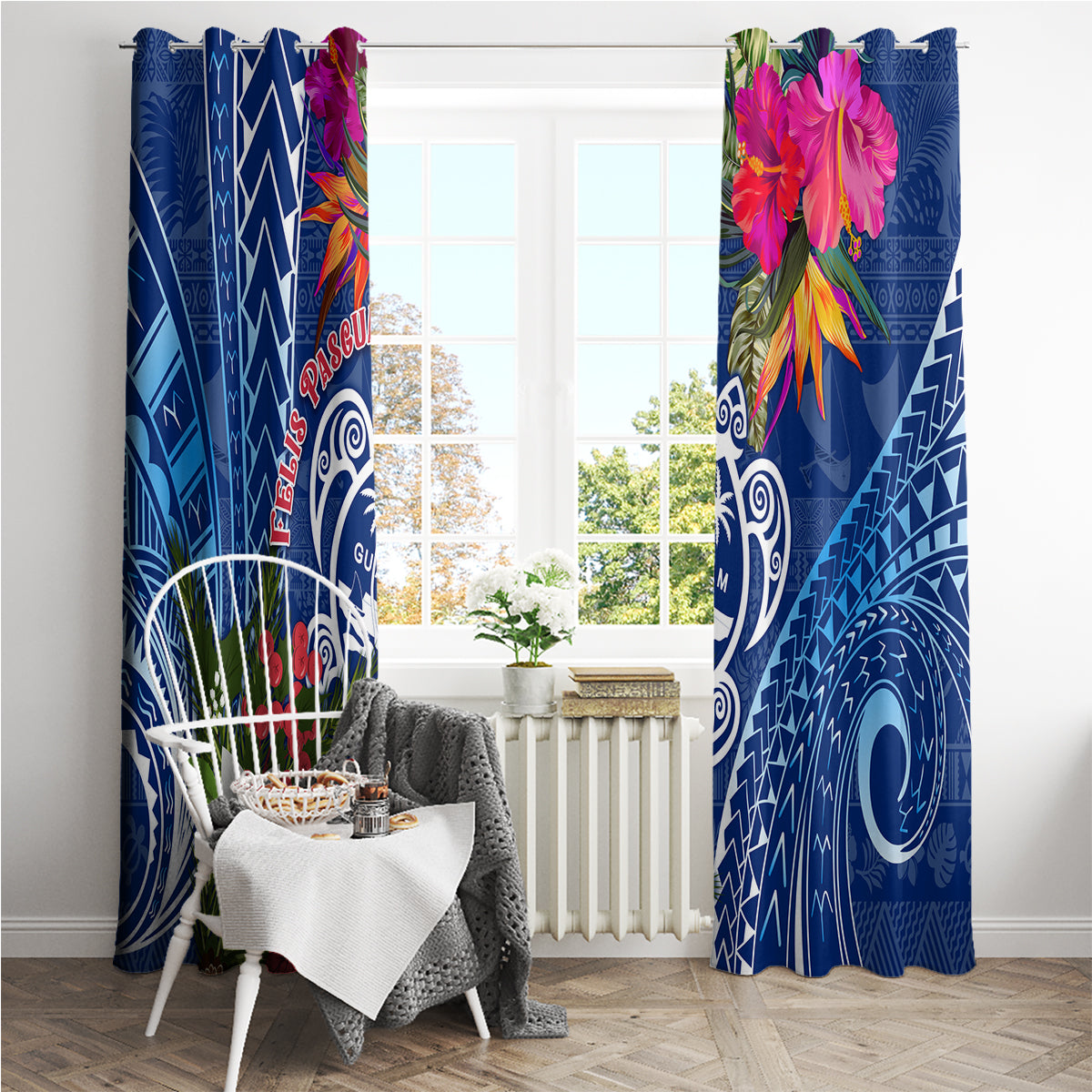 Guam Christmas Window Curtain Turtle Mix Tapa Felis Pasgua - Wonder Print Shop