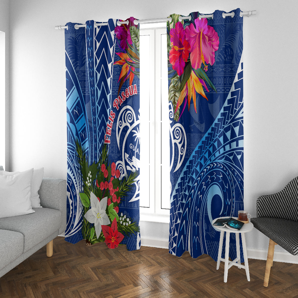 Guam Christmas Window Curtain Turtle Mix Tapa Felis Pasgua - Wonder Print Shop