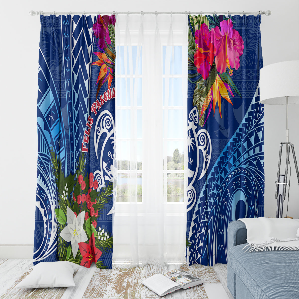 Guam Christmas Window Curtain Turtle Mix Tapa Felis Pasgua - Wonder Print Shop