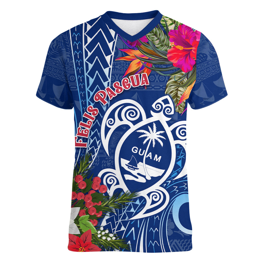 Guam Christmas Women V Neck T Shirt Turtle Mix Tapa Felis Pasgua - Wonder Print Shop