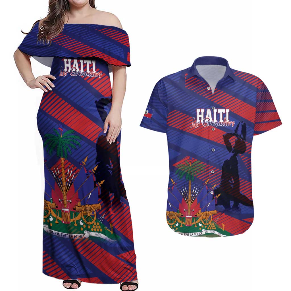 Haiti Football Personalized Les Grenadiers Couples Matching Off Shoulder Maxi Dress and Hawaiian Shirt Echoes of History - Wonder Print Shop