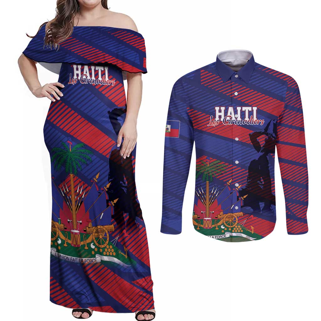 Haiti Football Personalized Les Grenadiers Couples Matching Off Shoulder Maxi Dress and Long Sleeve Button Shirt Echoes of History - Wonder Print Shop