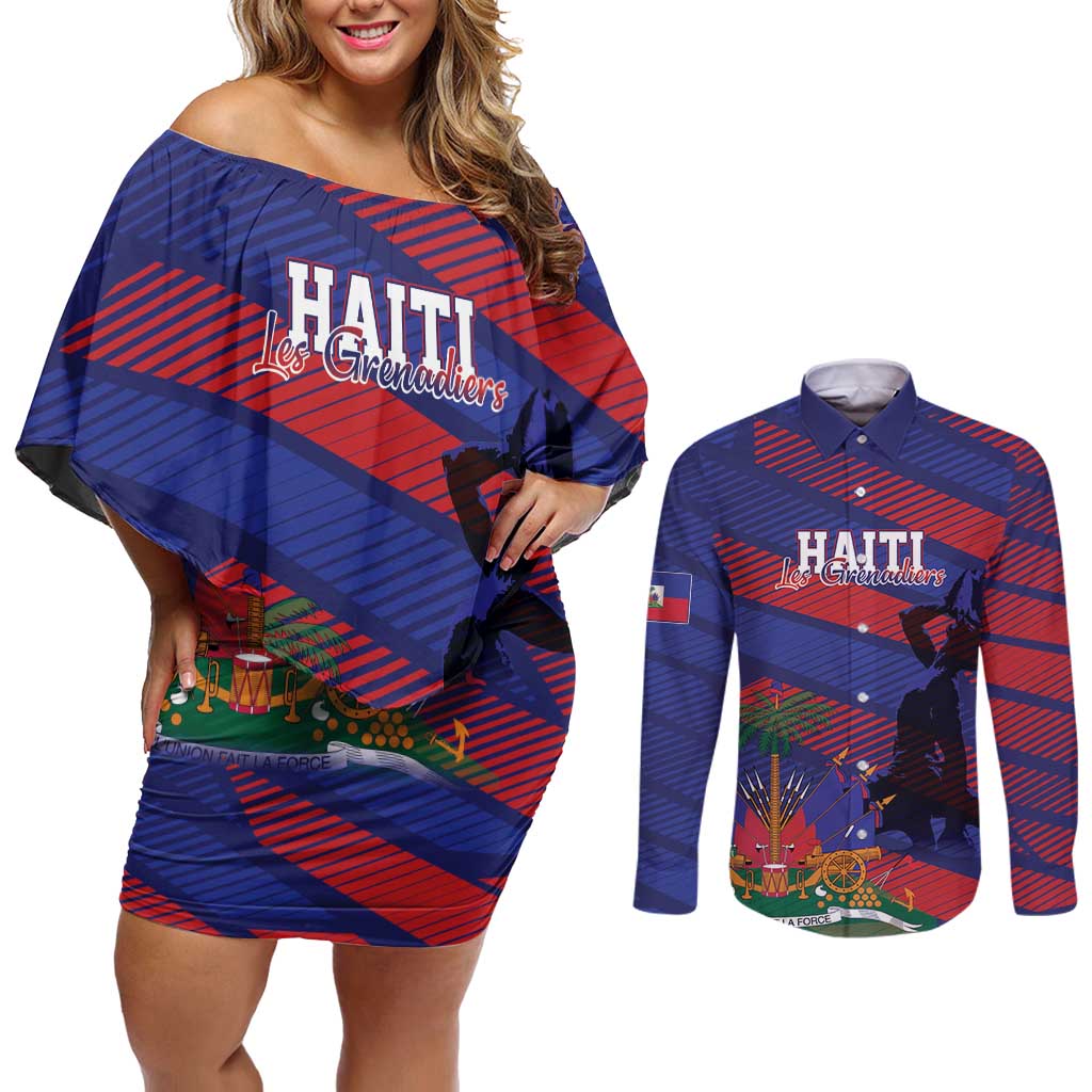 Haiti Football Personalized Les Grenadiers Couples Matching Off Shoulder Short Dress and Long Sleeve Button Shirt Echoes of History - Wonder Print Shop