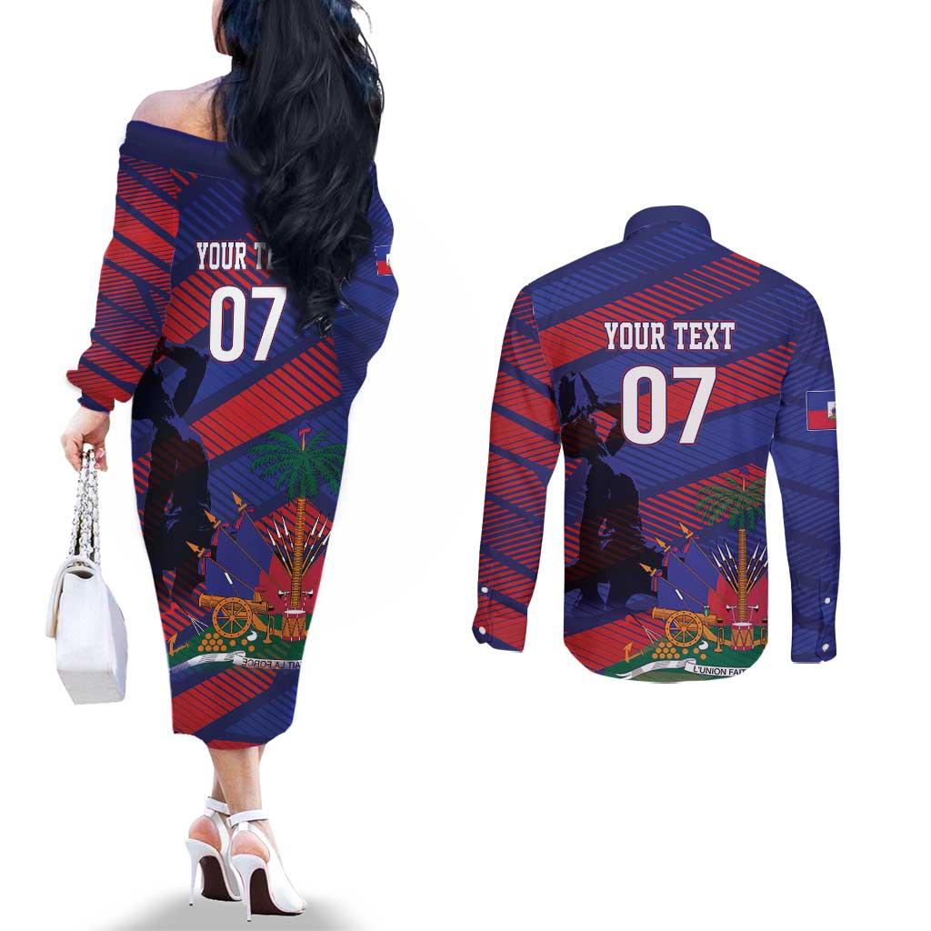 Haiti Football Personalized Les Grenadiers Couples Matching Off The Shoulder Long Sleeve Dress and Long Sleeve Button Shirt Echoes of History - Wonder Print Shop