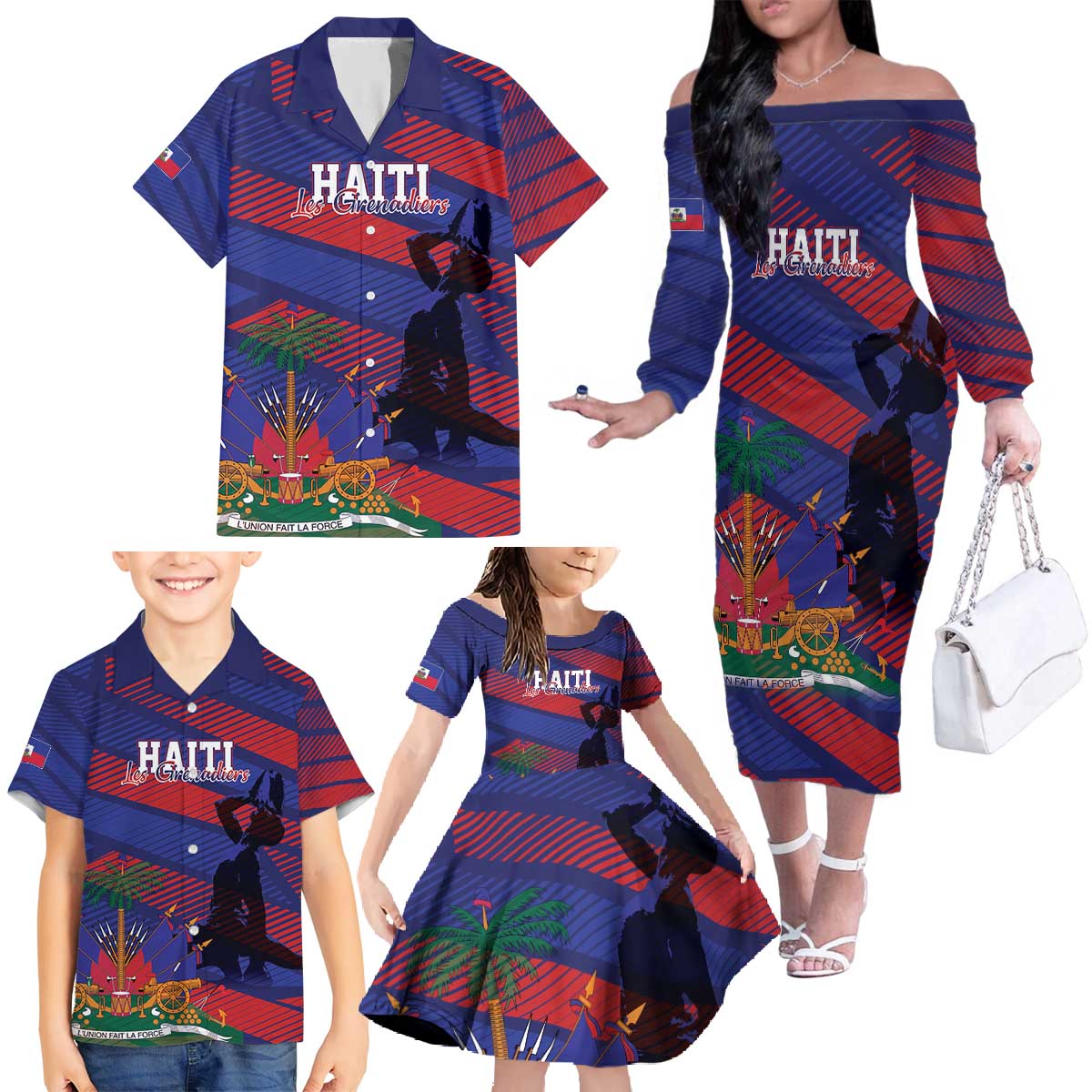 Haiti Football Personalized Les Grenadiers Family Matching Off The Shoulder Long Sleeve Dress and Hawaiian Shirt Echoes of History - Wonder Print Shop