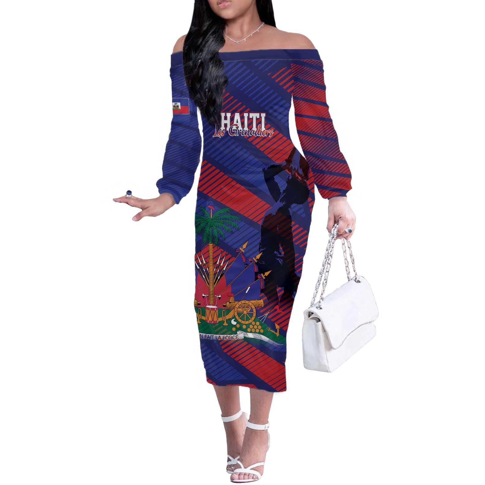 Haiti Football Personalized Les Grenadiers Off The Shoulder Long Sleeve Dress Echoes of History - Wonder Print Shop