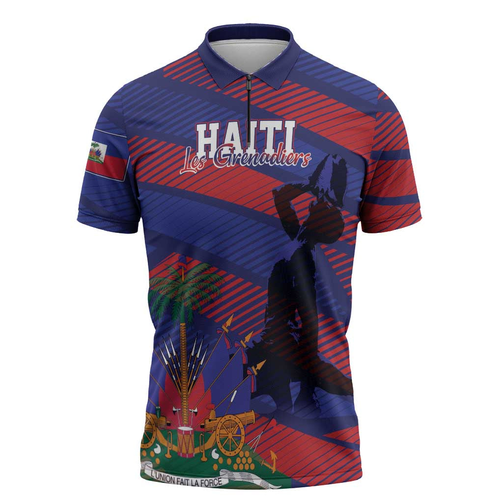 Haiti Football Personalized Les Grenadiers Zipper Polo Shirt Echoes of History - Wonder Print Shop