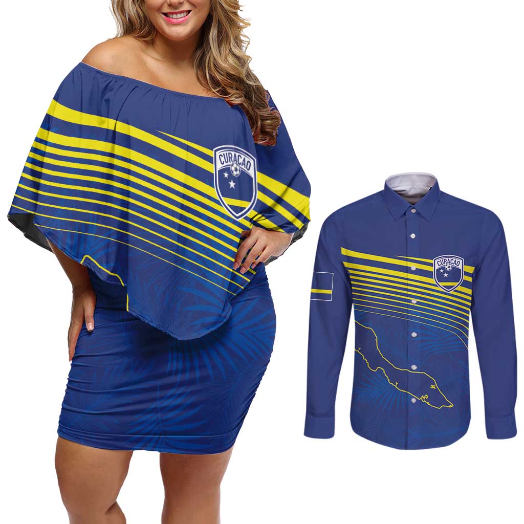 Curacao Football Custom Korsou Blue Wave Couples Matching Off Shoulder Short Dress and Long Sleeve Button Shirt Making History - Wonder Print Shop