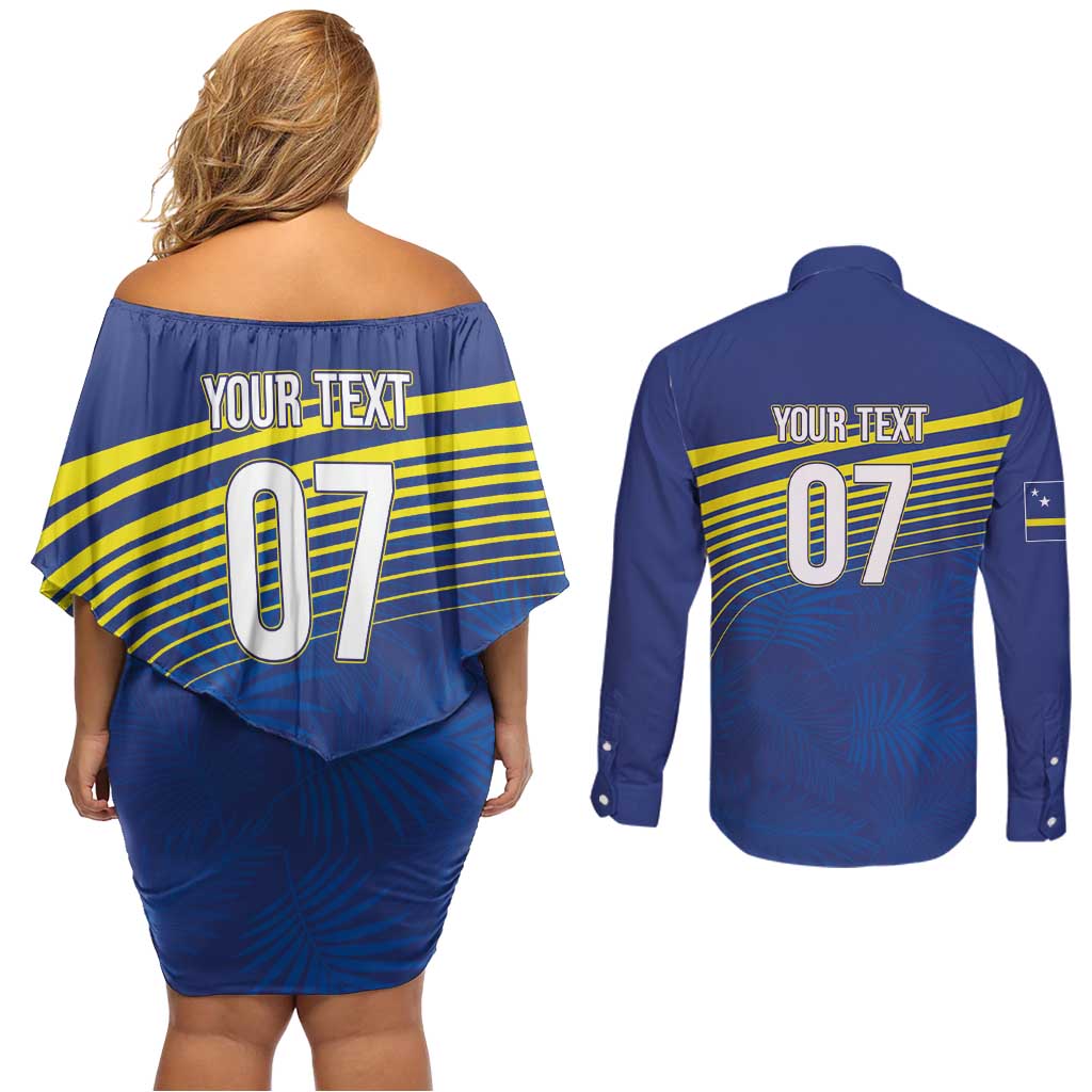 Curacao Football Custom Korsou Blue Wave Couples Matching Off Shoulder Short Dress and Long Sleeve Button Shirt Making History - Wonder Print Shop