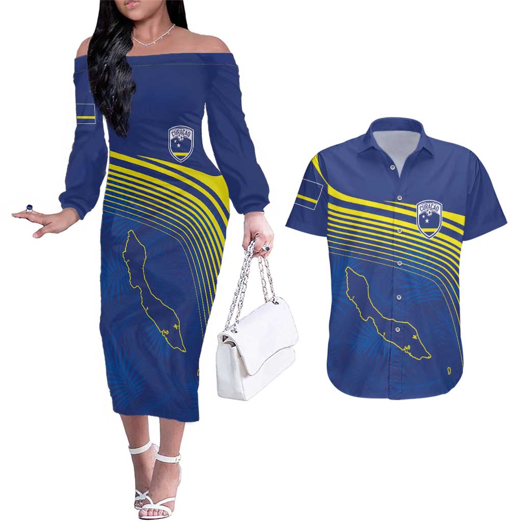Curacao Football Custom Korsou Blue Wave Couples Matching Off The Shoulder Long Sleeve Dress and Hawaiian Shirt Making History - Wonder Print Shop