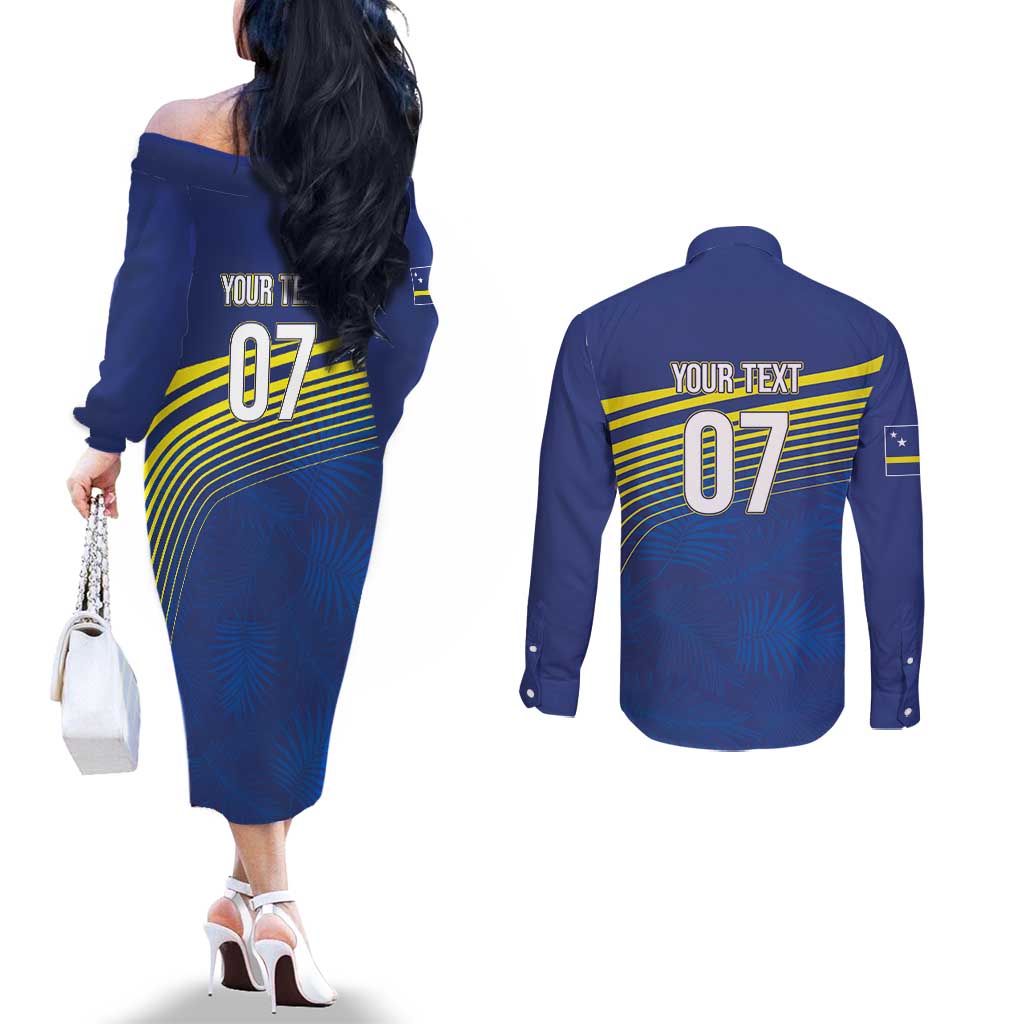 Curacao Football Custom Korsou Blue Wave Couples Matching Off The Shoulder Long Sleeve Dress and Long Sleeve Button Shirt Making History - Wonder Print Shop