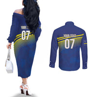 Curacao Football Custom Korsou Blue Wave Couples Matching Off The Shoulder Long Sleeve Dress and Long Sleeve Button Shirt Making History - Wonder Print Shop