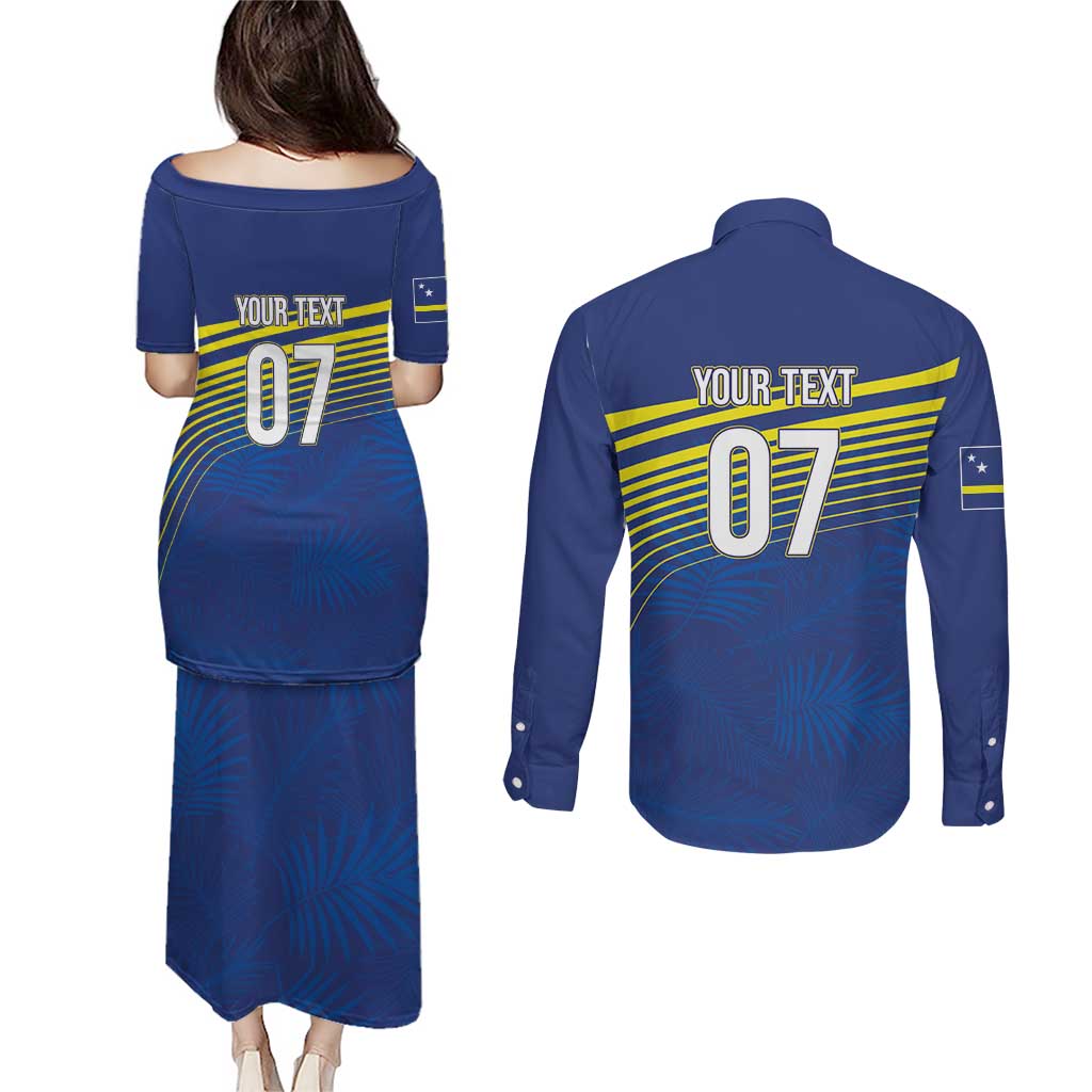 Curacao Football Custom Korsou Blue Wave Couples Matching Puletasi and Long Sleeve Button Shirt Making History - Wonder Print Shop