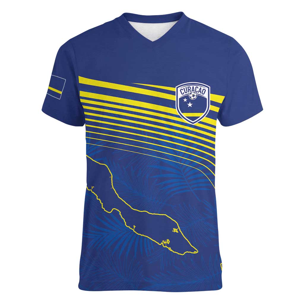 Curacao Football Custom Korsou Blue Wave Women V-Neck T-Shirt Making History - Wonder Print Shop
