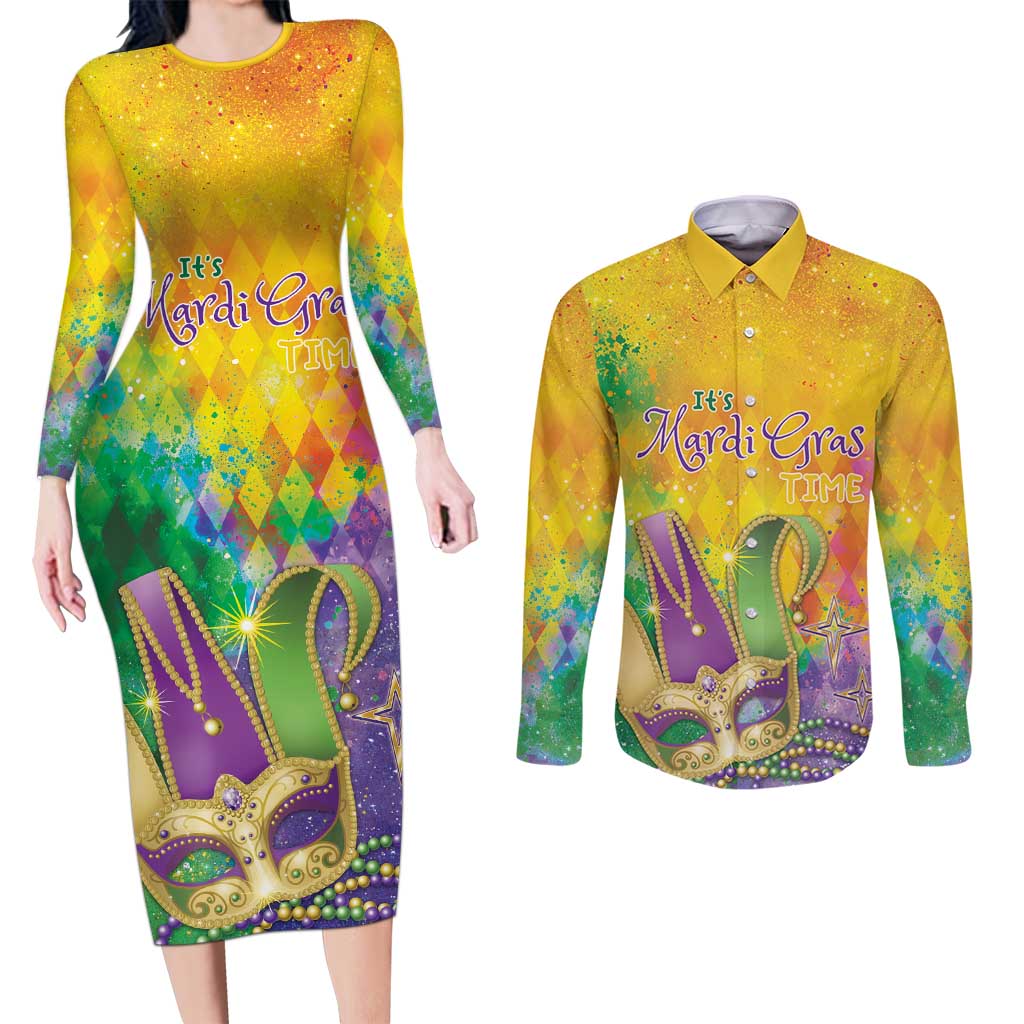 Mardi Gras Couples Matching Long Sleeve Bodycon Dress and Long Sleeve Button Shirt Watercolor Mix - Carnival Bling LT7 - Wonder Print Shop