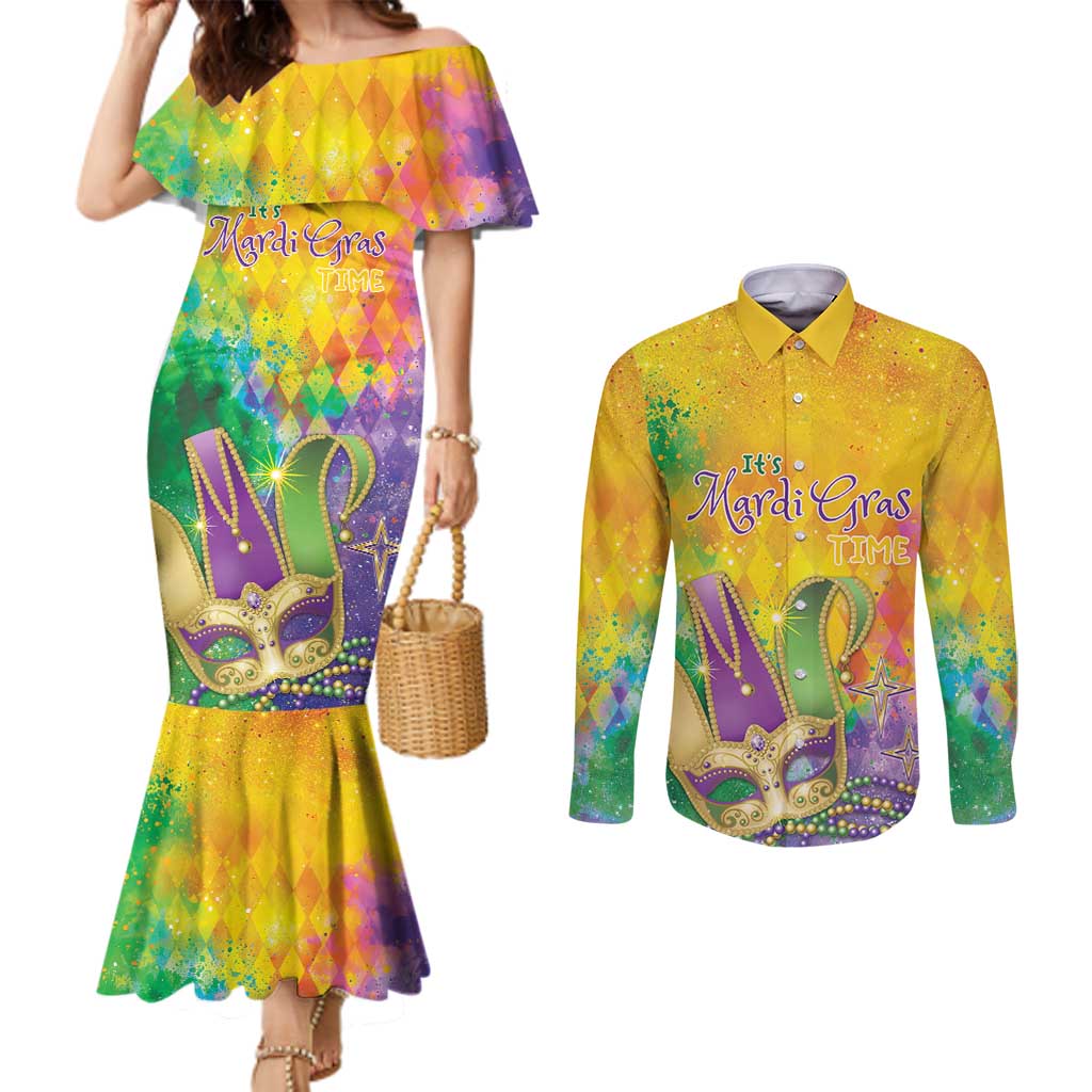 Mardi Gras Couples Matching Mermaid Dress and Long Sleeve Button Shirt Watercolor Mix - Carnival Bling