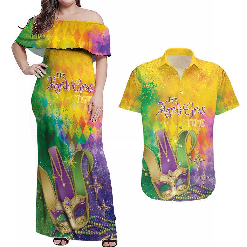 Mardi Gras Couples Matching Off Shoulder Maxi Dress and Hawaiian Shirt Watercolor Mix - Carnival Bling LT7 - Wonder Print Shop