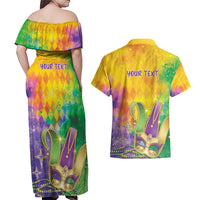 Mardi Gras Couples Matching Off Shoulder Maxi Dress and Hawaiian Shirt Watercolor Mix - Carnival Bling LT7 - Wonder Print Shop