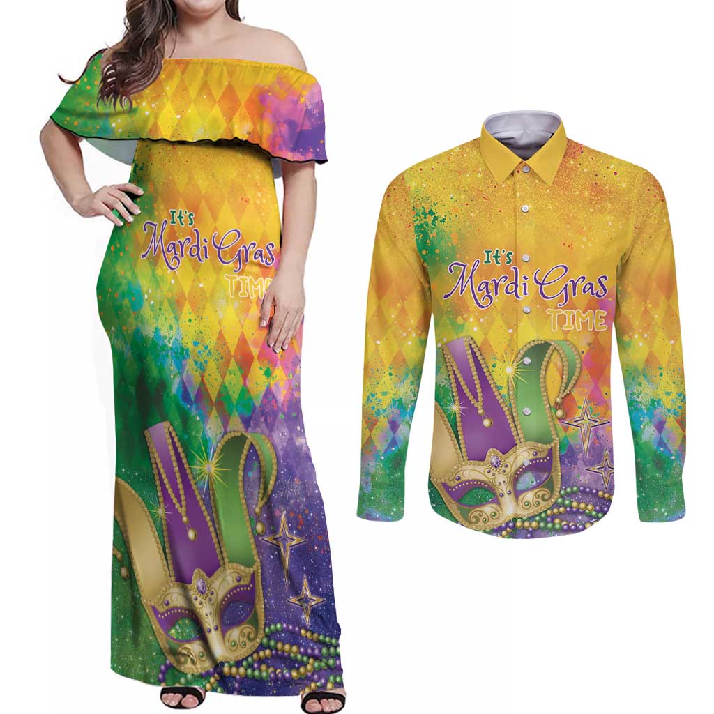 Mardi Gras Couples Matching Off Shoulder Maxi Dress and Long Sleeve Button Shirt Watercolor Mix - Carnival Bling LT7 - Wonder Print Shop