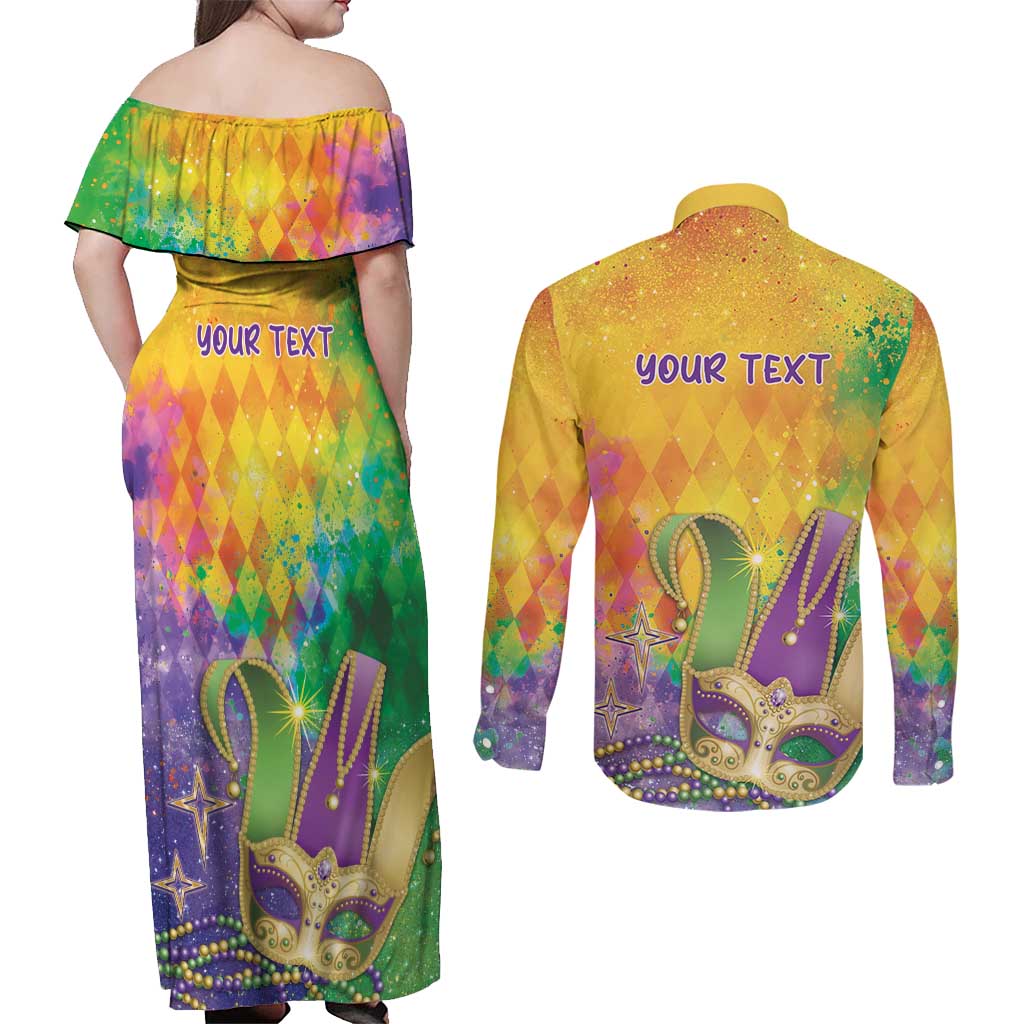 Mardi Gras Couples Matching Off Shoulder Maxi Dress and Long Sleeve Button Shirt Watercolor Mix - Carnival Bling LT7 - Wonder Print Shop