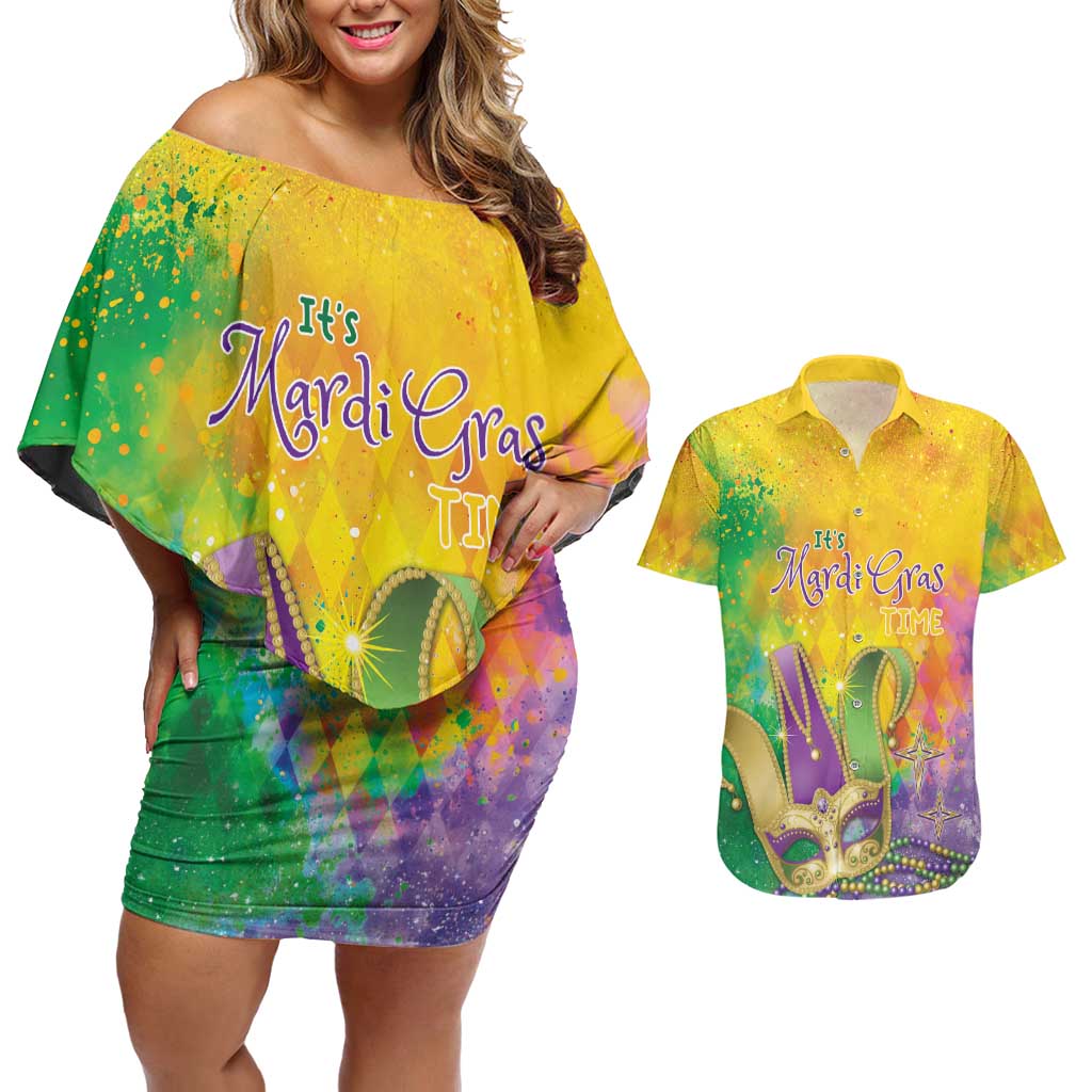 Mardi Gras Couples Matching Off Shoulder Short Dress and Hawaiian Shirt Watercolor Mix - Carnival Bling LT7 - Wonder Print Shop