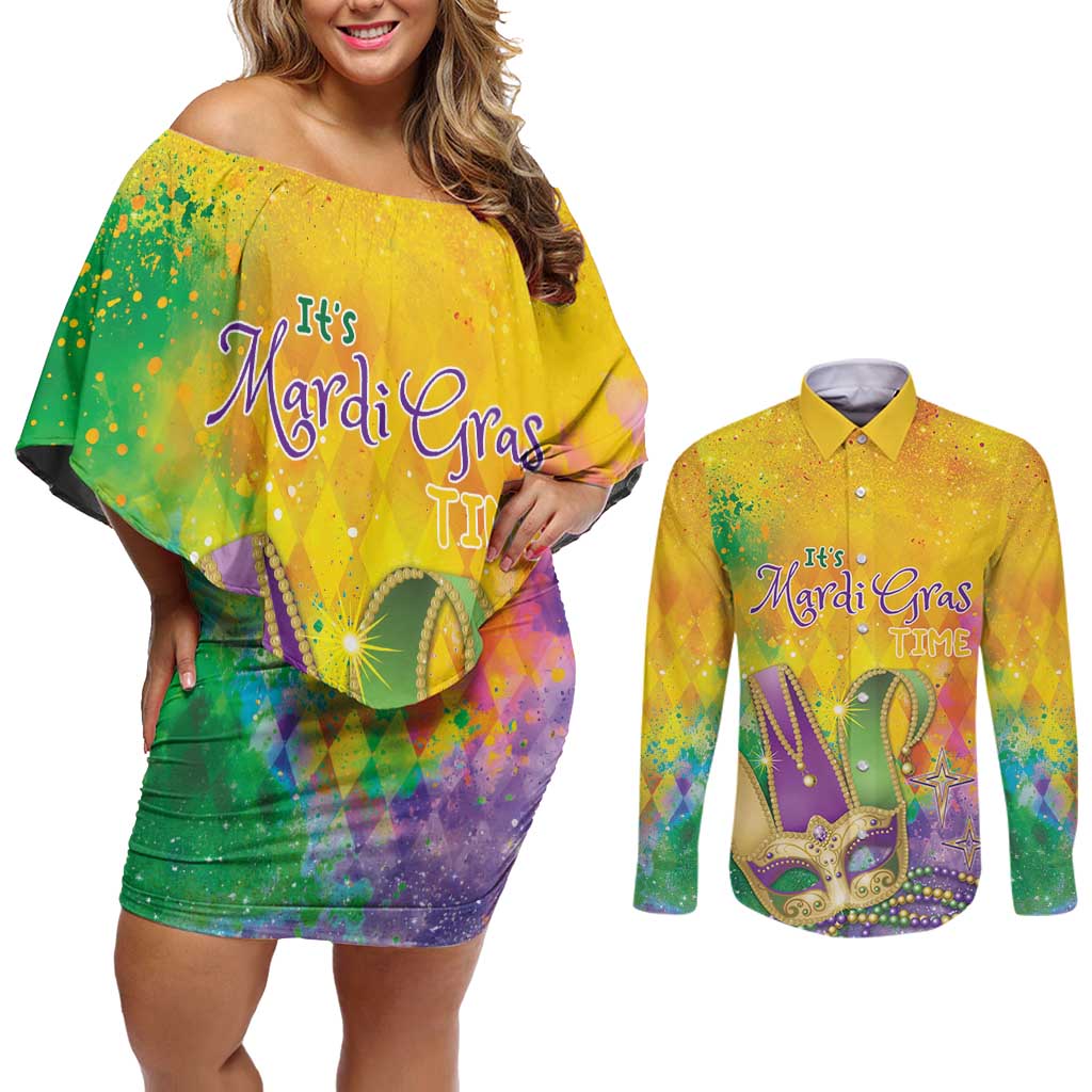 Mardi Gras Couples Matching Off Shoulder Short Dress and Long Sleeve Button Shirt Watercolor Mix - Carnival Bling LT7 - Wonder Print Shop