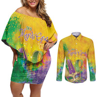 Mardi Gras Couples Matching Off Shoulder Short Dress and Long Sleeve Button Shirt Watercolor Mix - Carnival Bling LT7 - Wonder Print Shop