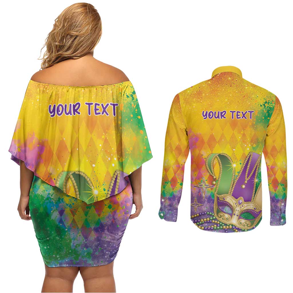 Mardi Gras Couples Matching Off Shoulder Short Dress and Long Sleeve Button Shirt Watercolor Mix - Carnival Bling LT7 - Wonder Print Shop