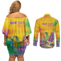 Mardi Gras Couples Matching Off Shoulder Short Dress and Long Sleeve Button Shirt Watercolor Mix - Carnival Bling LT7 - Wonder Print Shop
