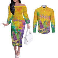 Mardi Gras Couples Matching Off The Shoulder Long Sleeve Dress and Long Sleeve Button Shirt Watercolor Mix - Carnival Bling