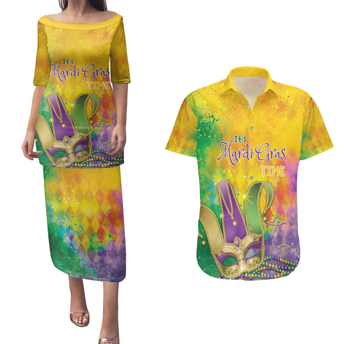 Mardi Gras Couples Matching Puletasi and Hawaiian Shirt Watercolor Mix - Carnival Bling LT7 - Wonder Print Shop