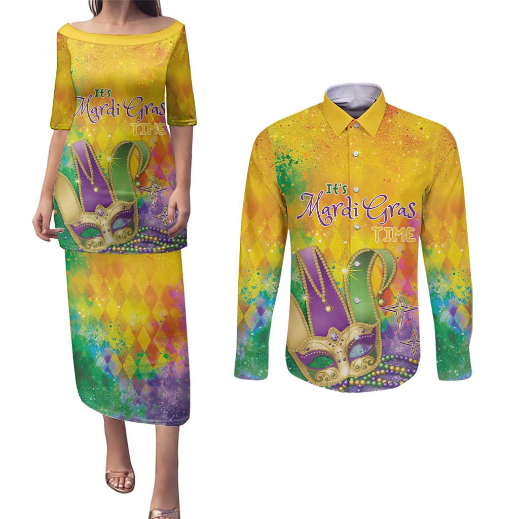 Mardi Gras Couples Matching Puletasi and Long Sleeve Button Shirt Watercolor Mix - Carnival Bling LT7 - Wonder Print Shop